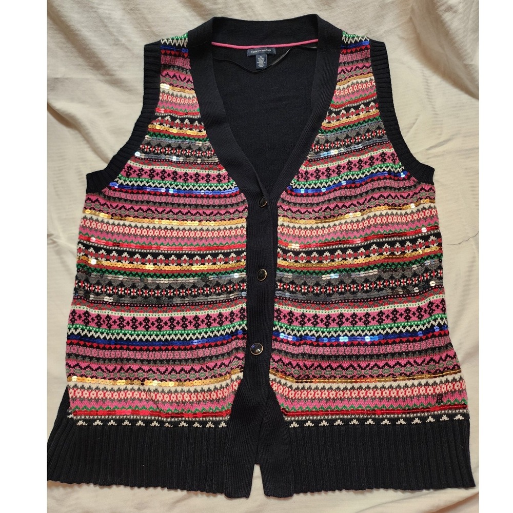 Tommy Hilfiger Fair Isle Sequin Sweater Vest Cardigan Womens XL Retro Twee